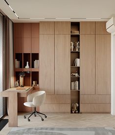 a room with a chair, desk and bookshelf next to a large window