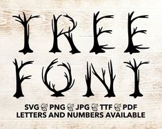 tree font and numbers are shown on a wooden background with the words, free form svg