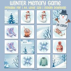 the winter memory game is shown with snowmen and boots