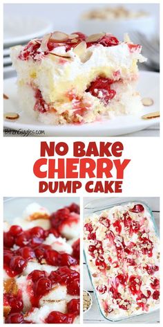 no bake cherry dump cake with almonds and cherries on top, in front of