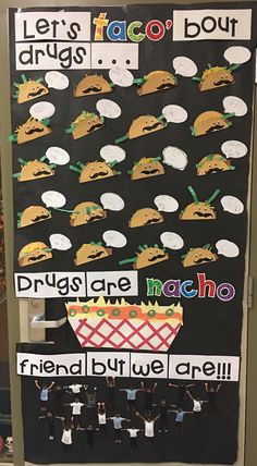 a bulletin board with pictures of food and words that say, let's taco bout