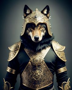 a wolf dressed up as a knight with armor and headdress, standing in front of a dark background