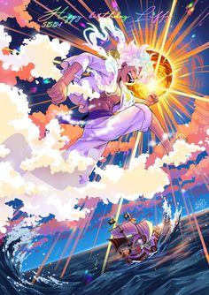 an anime character flying through the air with clouds and sun in the sky behind her