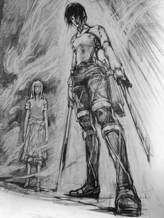 a drawing of a woman standing next to a man with crutches on his legs