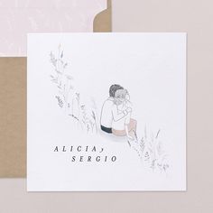 a card with an illustration of a woman sitting on the ground next to some flowers