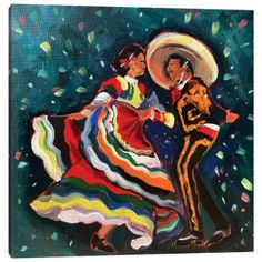 a painting of two people dressed in colorful clothing and hats, dancing with each other