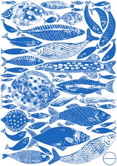 a blue and white drawing of fish swimming in the ocean by corbi art