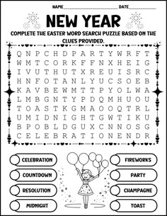 the new year word search is shown in this printable worksheet for kids