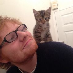 a man with glasses and a cat on his shoulder in front of him, looking up at the camera