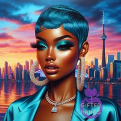 a painting of a woman with blue hair and earrings in front of a cityscape