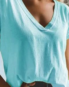 Lasaky - Casual Short Sleeve V-Neck T-Shirt Casual V-neck Plain Top, Casual Solid Color V-neck T-shirt, V-neck T-shirt For Summer, Solid Color V-neck T-shirt For Summer, Plain Cotton V-neck Top, Plain V-neck Tops For Spring, Plain V-neck Spring Tops, Solid Color Cotton V-neck Top, Casual V-neck Solid Color T-shirt