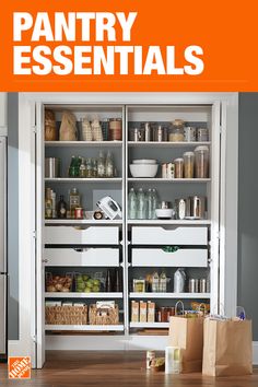 the pantry essentials book is open to reveal what's in the cabinets and shelves