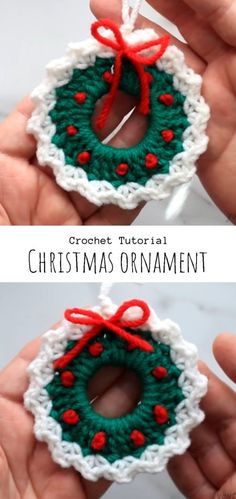 crochet christmas ornament is shown in two different pictures, one has a red ribbon and the other has a green wreath