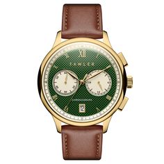 Cicero | Gold-Tone With Green Dial Vintage Chronograph Brown Leather Watch | In stock! | Fawler Seiko Chronograph, 24 Hour Clock, Timeless Watches, Small Watch, Mens Chronograph, Chronograph Watch Men, Pocket Watch Chain, Window Displays