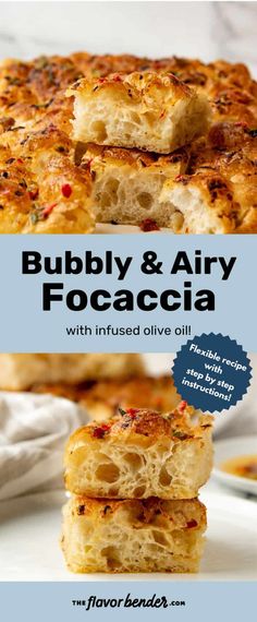 the cover of a cookbook with an image of some food on it and text that reads, bubbly & airy focaccia