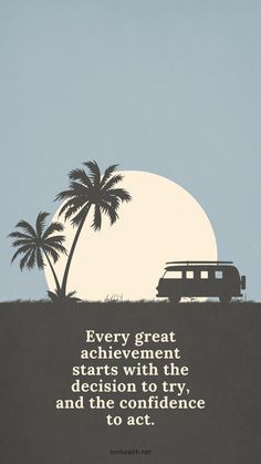 a poster with an image of a van and palm trees in front of the sun