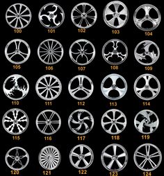 different types of wheels and rims on a black background