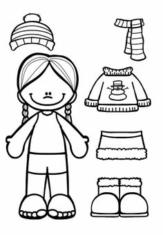 a black and white outline drawing of clothes for children to wear on the cold weather