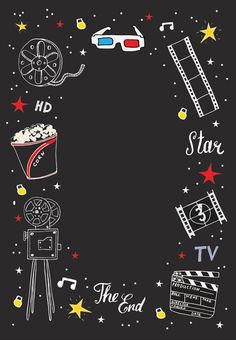 a black and white photo frame with stars, filmstrips, popcorn, movies