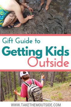 two kids playing in the water with text overlay that reads gift guide to getting kids outside