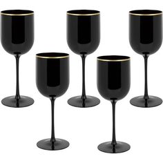 four black goblets with gold rims are shown in this image on a white background