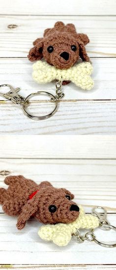 crocheted keychain shaped like a dog with a bone in its mouth