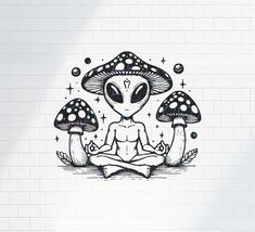 an alien is meditating in the middle of three mushrooms with stars around it, on a white brick wall