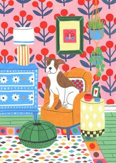 a dog is sitting on a chair in front of a pink wall with red flowers