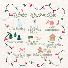 the winter bucket list is displayed on a piece of paper with christmas decorations around it