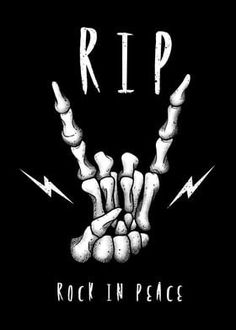 a black and white image with the words rip rock in peace on it's left hand