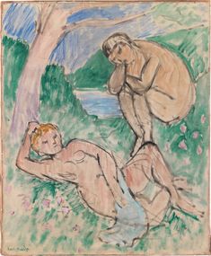 a drawing of two men sitting next to each other in the grass by a tree