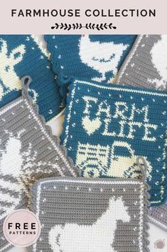 crocheted coasters with the words farmhouse collection written in white and blue on them