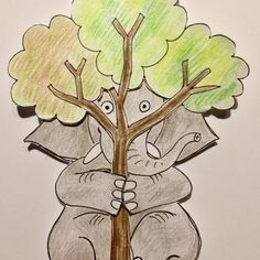 a drawing of an elephant hugging a tree