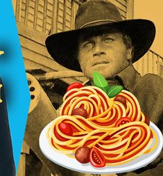 a man wearing a hat and holding a plate with spaghetti on it next to an image of a person in a suit