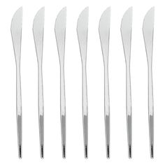 six different sizes of knives on a white background