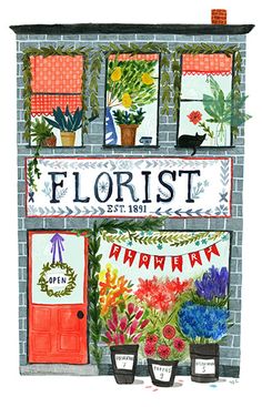 a watercolor painting of flowers in front of a sign that says florist