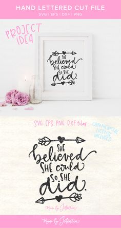 This svg saying She believed she could so she did is a hand-lettered svg design featuring motivational quote and two arrows. You can use this svg design to create DIY craft projects you can display or wear. #svgfiles #handlettered #cricutmaker #silhouettecameo Bling Projects, Silhouette Vinyl, Big Photo, Silhouette Ideas, Cricut Files, Cricut Machine, Create Diy