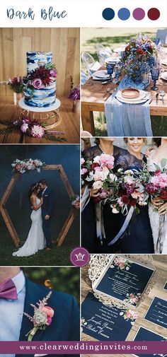 a collage of photos showing different wedding colors and details for the bride and groom