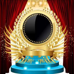 a stage with a red curtain and a gold trophy on it's pedestal, surrounded by golden stars