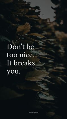 the words don't be too nice it breaks you on a black background with leaves