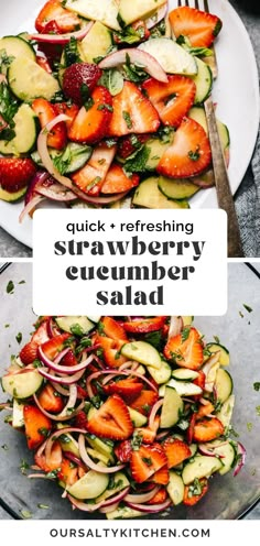 two plates with strawberries and cucumber salad on them, the top one has sliced