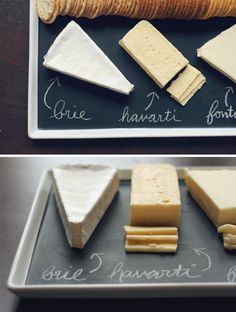 different types of cheese are displayed on a black and white tray with writing in french