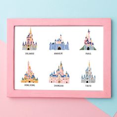 a pink frame with disney castle pictures hanging on it's side next to a blue and pink wall