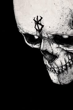 a black and white drawing of a skull with cross on it's forehead, against a dark background