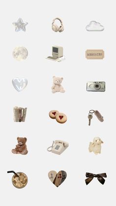 a bunch of different items are arranged on a white background, including teddy bears and other objects