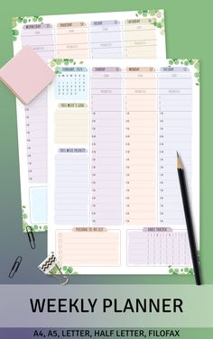 the printable weekly planner is on top of a desk next to a pen and pencil