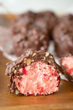 inside of cherry mash candy. Pink candy center with cherry pieces can be seen Cherry Nougat Candy, Sees Candy Rum Nougat Recipe, Joanna Gaines Cherry Mashers, Sees Candy Recipes Copycat, Easy Candy Recipes 3 Ingredients, Cherry Mashers, Candy Fruit Recipes, Cherry Mash Recipe, Cherry Mash Candy