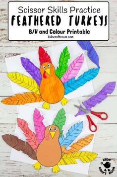 paper plate turkey craft with scissors and colored feathers