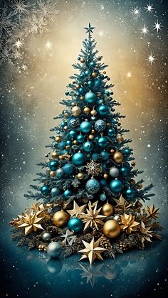 a blue christmas tree with gold and silver ornaments on it's bottom, surrounded by snowflakes