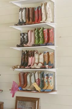 Shoe And Boot Shelves, Boot Organization Small Space, Cowboy Boot Closet, Cowgirl Boot Shelf, Cowgirl Boot Storage, Western Boot Display, Boots Collection Closet, Cowboy Boot Shelves, Cowboy Boot Display Ideas